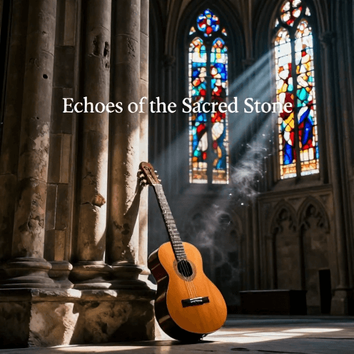 A_lone_classical_guitarist_playing_in_the_center_of_an_ancient_stone_church,_with_colorful_light_from_stained_glass_windows_filtering_through_the_dust_motes
