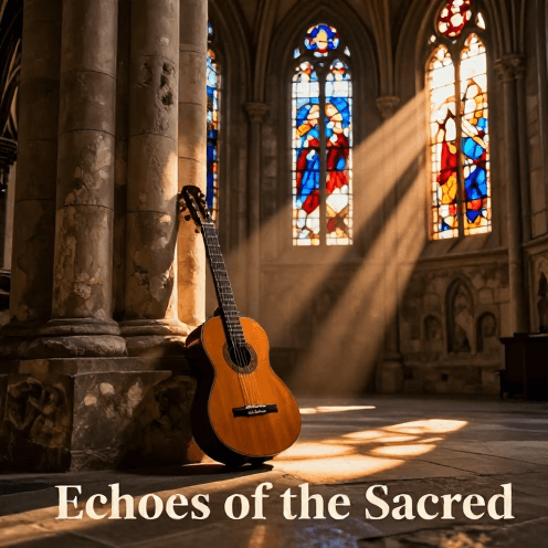 A_lone_guitarist_playing_in_an_ancient_stone_church_during_the_golden_hour,_with_colorful_light_filtering_through_stained_glass