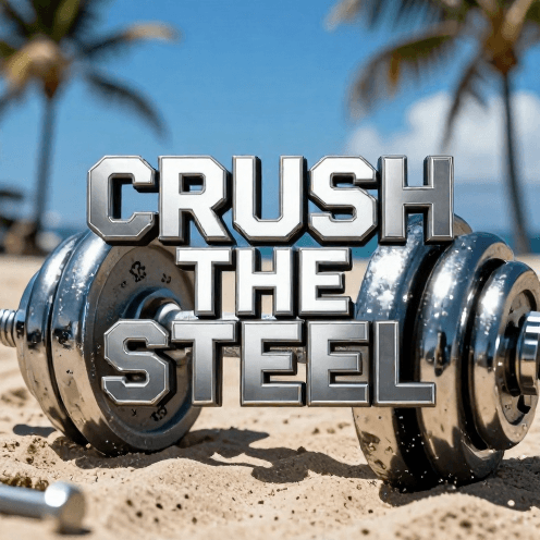 A_high-octane_outdoor_muscle_beach_gym_at_bright_sunny_noon,_blindingly_bright_sunlight_hitting_polished_chrome_chrome_weights