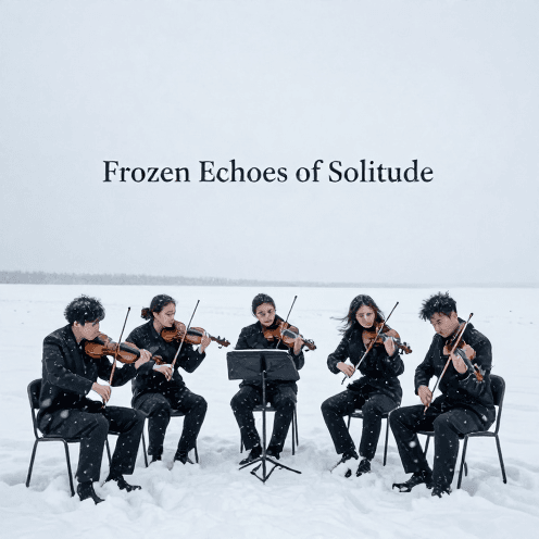 A_solitary_string_quartet_ownly_playing_in_the_heart_of_a_frozen,_desolate_winter_tundra,_surrounded_by_endless_white_void