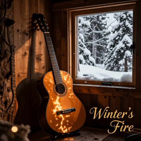 A_lone_guitarist_playing_flamenco_in_a_secluded_cabin_in_the_snowy_woods,_firelight_flickering_on_the_walls