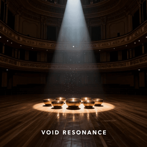 A_single,_piercing_spotlight_illuminating_a_set_of_Tibetan_singing_bowls_on_a_dark,_polished_mahogany_floor_of_an_empty_grand_concert_hall
