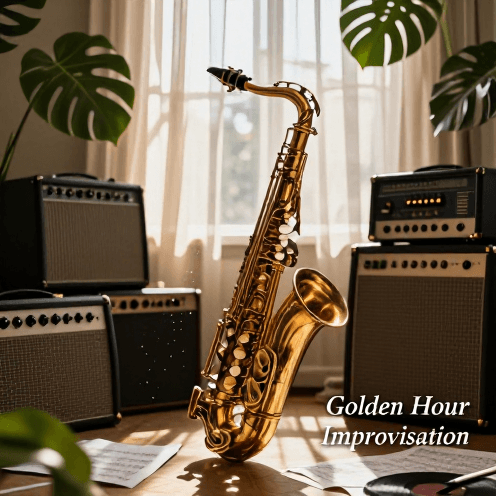 A_solitary_saxophone_player_in_a_sun-drenched_bohemian_studio,_surrounded_by_lush_ferns_and_vintage_gear