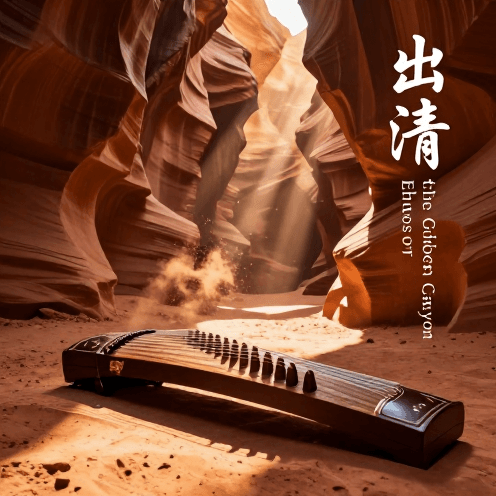 A_lone_Guzheng_player_performing_in_the_depths_of_a_vast_desert_canyon_at_golden_hour