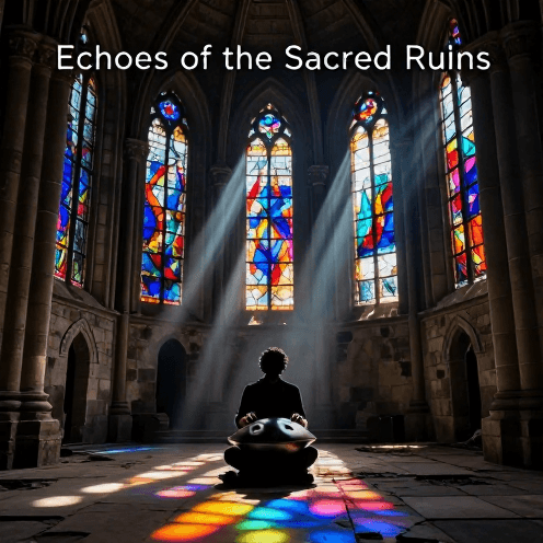 A_lone_Handpan_player_in_the_center_of_a_ruined_ancient_stone_church,_with_dust_motes_dancing_in_shafts_of_colorful_light_filtering_through_shattered_stained_glass_windows