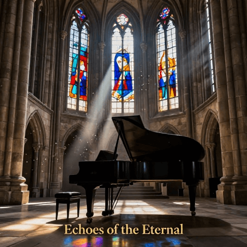 A_lone_piano_in_the_center_of_an_ancient_stone_church,_illuminated_by_kaleidoscopic_own-colored_light_from_stained_glass_windows
