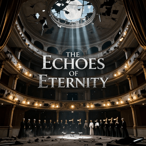 A_monolithic_choir_and_brass_ensemble_performing_within_a_sprawling,_decayed_grand_theater,_where_shafts_of_pale_moonlight_illuminate_dust_motes_dancing_in_the_air_through_a_broken_roof.