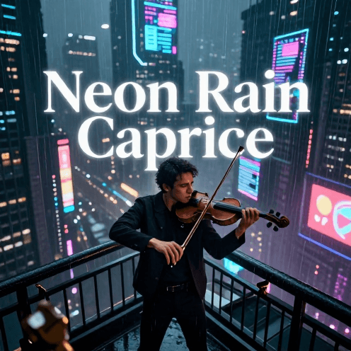 A_solitary_violin_player_on_a_rain-slicked_cyberpunk_own_balcony,_surrounded_by_neon_signs_in_electric_blue_and_magenta_magenta