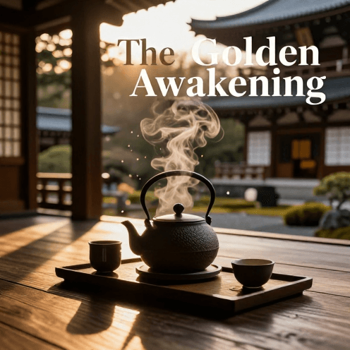 A_secluded_mountain_temple_at_golden_hour,_focusing_on_a_traditional_tea_set_with_rising_steam