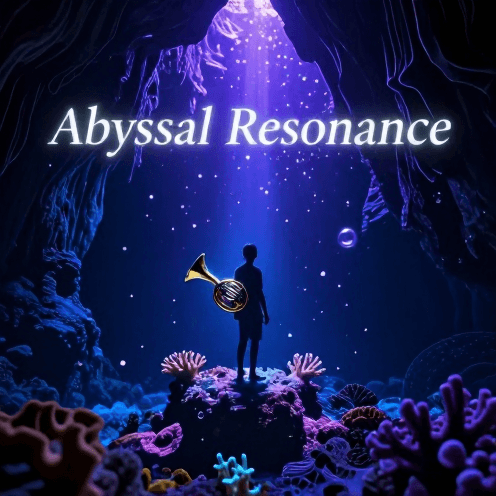 A_solitary_French_Horn_player_standing_atop_a_glowing_bioluminescent_coral_reef_in_a_deep_underwater_cave,_bubbles_rising_slowly_in_a_weightless_environment
