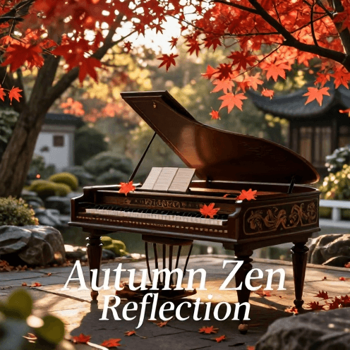 A_lone_harpsichord_in_a_Zen_garden_during_autumn,_surrounded_by_falling_red_maple_leaves