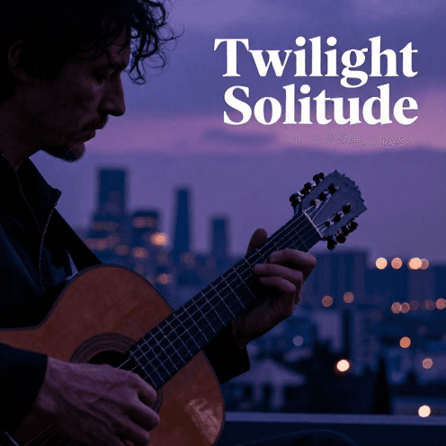 A_lone_guitarist_playing_on_a_rooftop_at_twilight,_overlooking_a_quiet_city_skyline_under_a_cool_blue_and_purple_sky