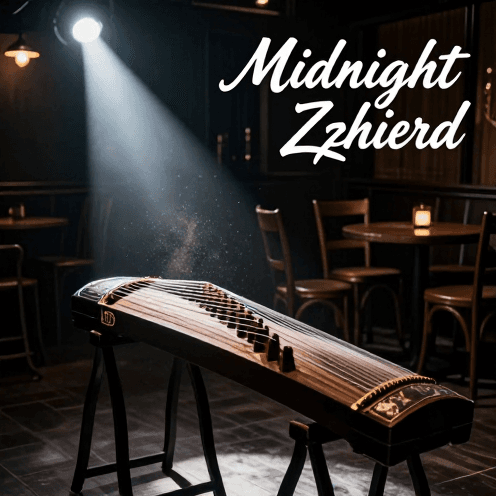 A_lone_Guzheng_player_in_a_dimly_lit_jazz_club_after_hours,_surrounded_by_stacked_chairs_on_tables