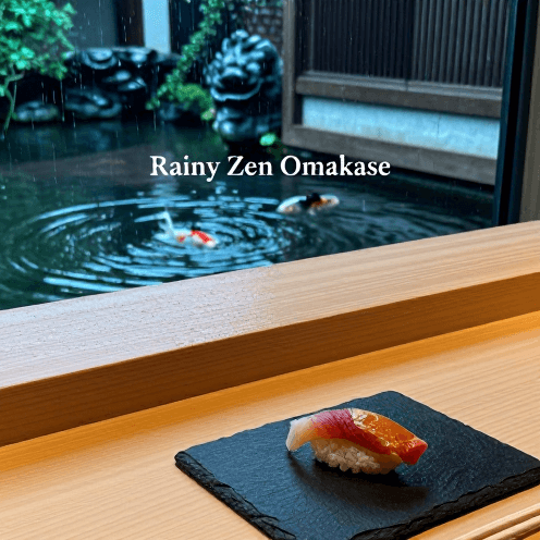 A_high-end_sushi_omakase_counter_during_a_rainy_afternoon,_raindrops_hitting_a_koi_pond_outside_the_window