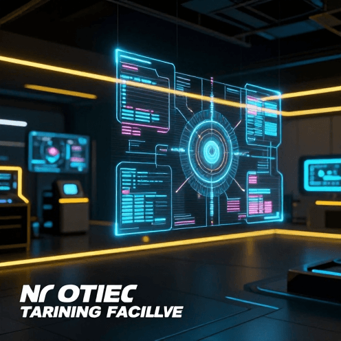 A_futuristic_cyberpunk_training_facility_with_flickering_holographic_displays_and_glowing_neon_yellow_accents_in_a_dark,_moody_atmosphere