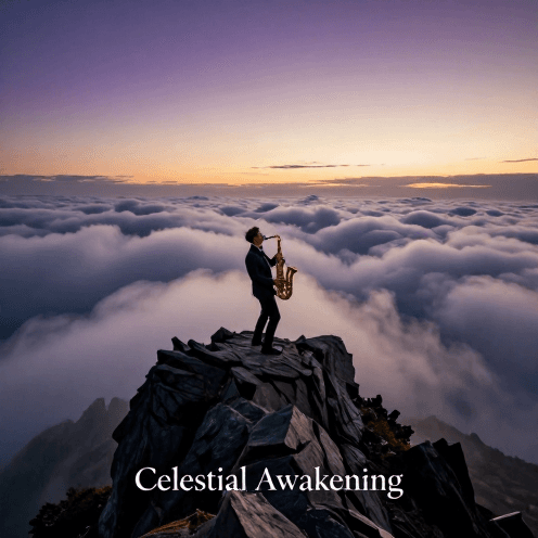 A_solitary_saxophone_player_standing_on_a_peak_above_a_sea_of_clouds_at_dawn