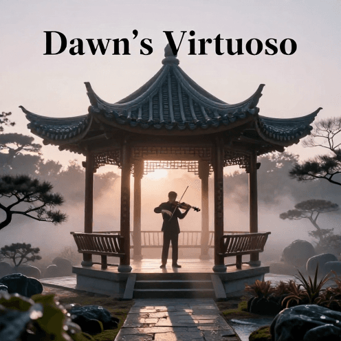 A_lone_violinist_playing_in_a_peaceful_garden_pavilion_pavilion_at_dawn,_surrounded_by_soft_morning_misted_air