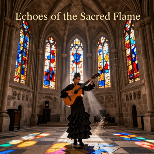 A_lone_flamenco_guitarist_in_an_ancient_stone_church,_sunlight_filtering_through_stained_glass_windows_casting_colorful_fragments_on_the_stone_floor