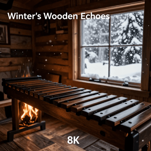 A_solo_marimba_player_in_a_secluded_cabin_in_the_snowy_woods,_firelight_flickering_on_the_wooden_walls
