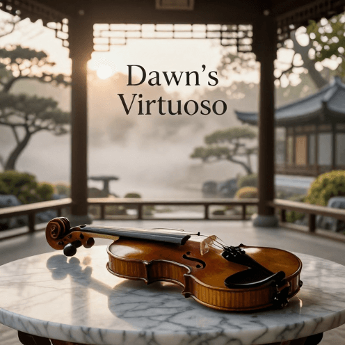 A_solo_violinist_playing_in_a_peaceful_garden_pavilion_pavilion_at_dawn,_surrounded_by_soft_morning_misted_garden