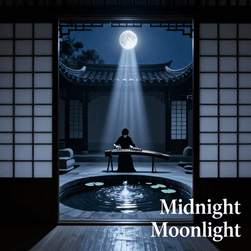 A_serene_traditional_Chinese_garden_at_midnight,_moonlight_filtering_through_sliding_shoji_doors_into_a_deep_shadow-filled_courtyard