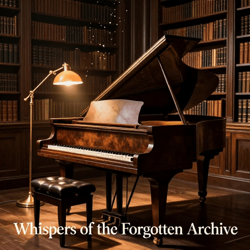 A_solitary_piano_in_a_historic_European_library,_illuminated_by_the_warm_amber_glow_of_desk_lamps_among_towering_shelves_of_ancient_leather-bound_books
