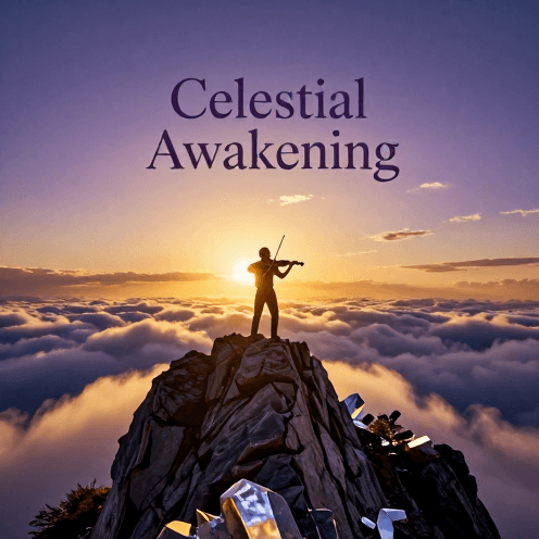 A_solo_violin_playing_at_the_peak_of_a_celestial_mountain_above_a_sea_of_clouds_at_sunrise