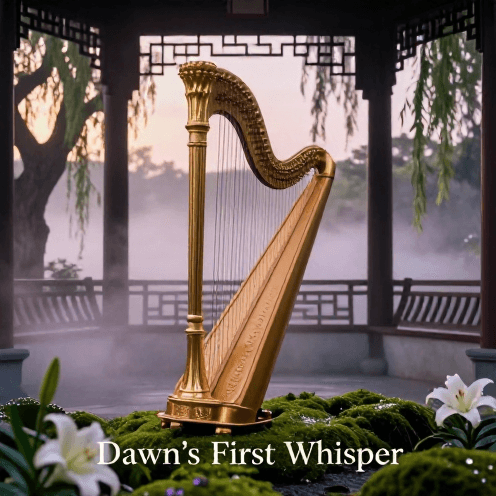 A_solo_harpist_playing_in_a_peaceful_garden_pavilion_pavilion_at_dawn,_surrounded_by_soft_morning_mist