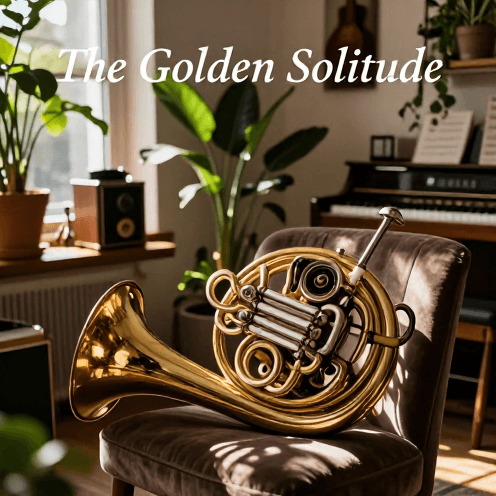 A_single_French_Horn_player_in_a_sun-drenched_bohemian_studio,_surrounded_by_lush_greenery_and_vintage_gear