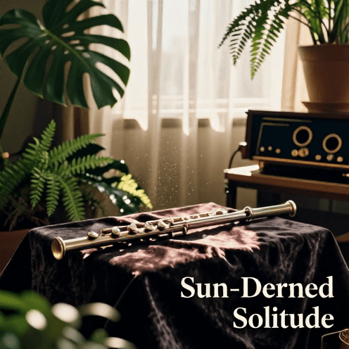 A_lone_flute_player_in_a_sun-drenched_bohemian_studio,_surrounded_by_lush_tropical_plants_and_vintage_instruments