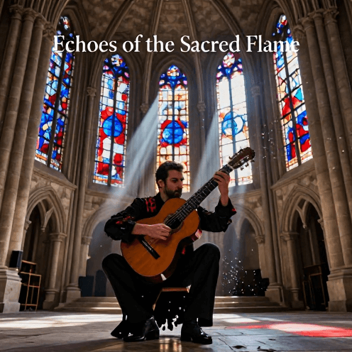 A_flamenco_guitarist_playing_in_the_center_of_an_ancient_stone_church,_bathed_in_the_light_of_shifting_colorful_shadows_from_stained_glass_windows