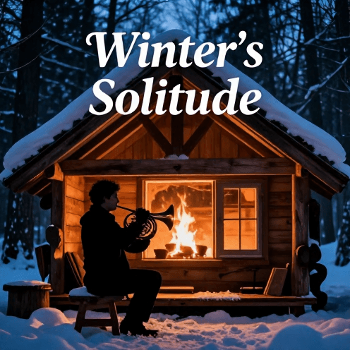 A_solitary_French_horn_player_in_a_secluded_cabin_in_the_snowy_woods,_firelight_flickering_on_the_walls