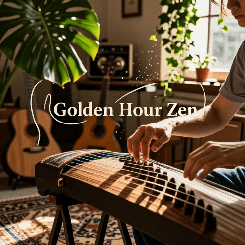 A_solo_guzheng_player_in_a_cozy_bohemian_studio,_bathed_in_lazy_afternoon_sunlight_filtering_through_lush_plants
