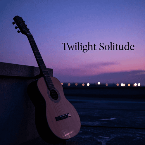 A_lone_guitarist_playing_on_a_rooftop_at_twilight,_overlooking_a_quiet_city_skyline_under_a_cool_blue_and_purple_sky