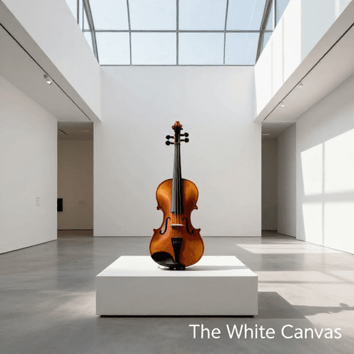 A_solitary_violin_playing_in_a_stark,_white_minimalist_art_gallery_during_the_golden_hour