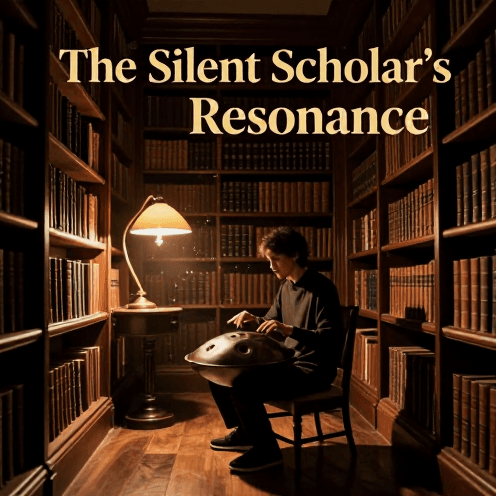 A_solitary_handpan_player_in_a_midnight_own_historic_European_library,_surrounded_by_towering_shelves_of_leather-bound_books,_illuminated_by_the_warm_amber_glow_of_a_single_desk_lamp.