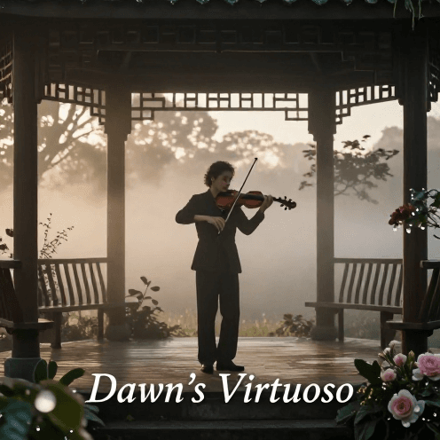 A_solo_violinist_playing_in_a_peaceful_garden_pavilion_pavilion_at_dawn,_surrounded_by_soft_morning_mist