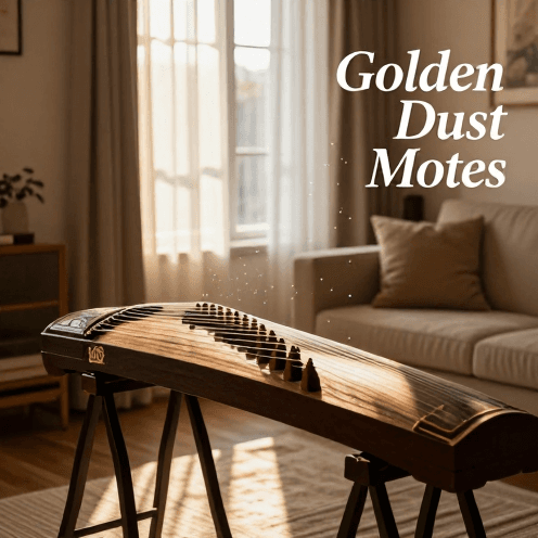 A_solo_Guzheng_player_in_a_sunlit_living_room_with_sheer_curtains,_dust_motes_dancing_in_the_golden_light